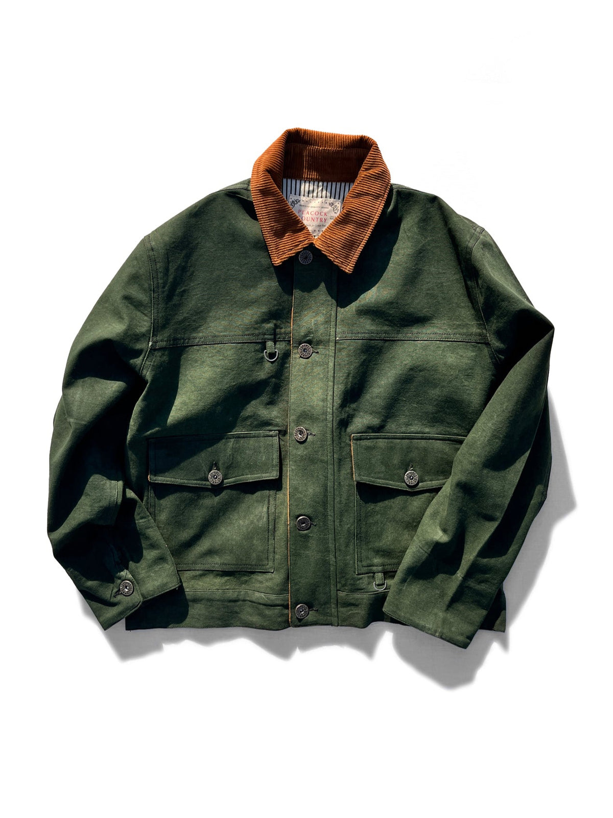 Green jacket with brown collar on a white background